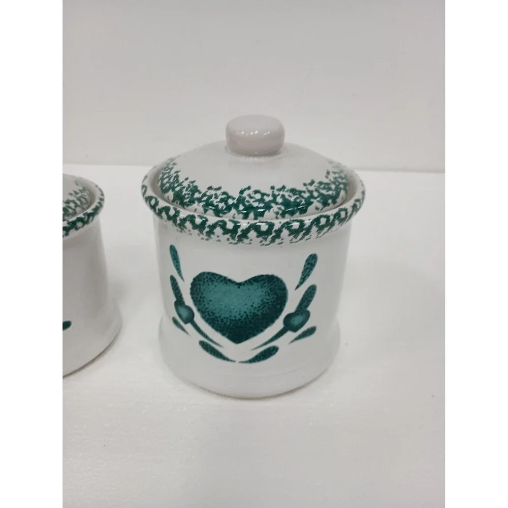 Vintage Canister Set of 2 White Green Heart Sponge Print Coutry Cottage Kitchen
